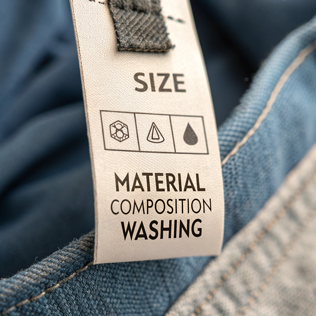 Close-up of a clothing tag showing size, material composition, and washing instructions, essential for garment care.