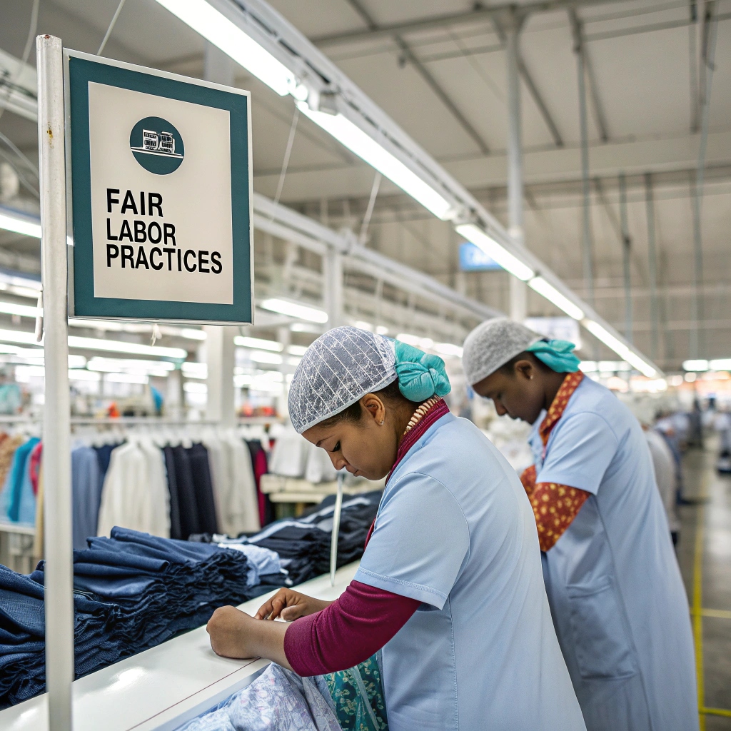 Workers in a garment factory attaching labels, ensuring transparency in manufacturing and compliance with fair labor practices.