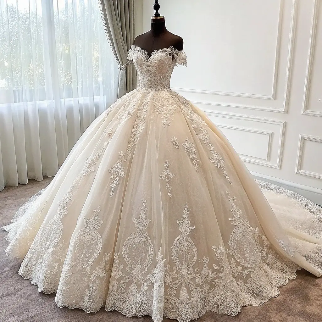 Luxury wedding dress, elegant lace details, off-shoulder design, voluminous tulle skirt, exquisite embroidery