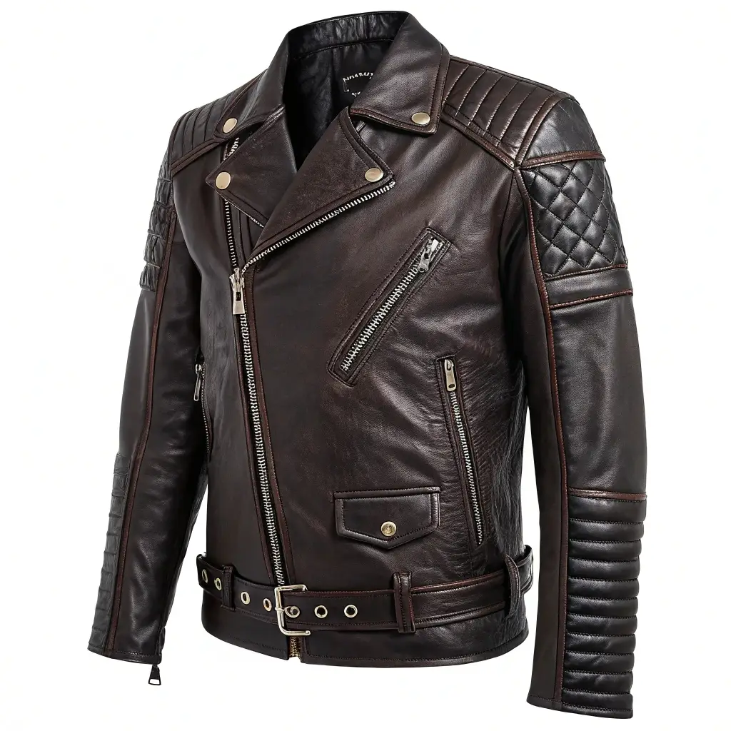 Premium leather jacket, biker style, quilted details, metal zippers, rugged and stylish