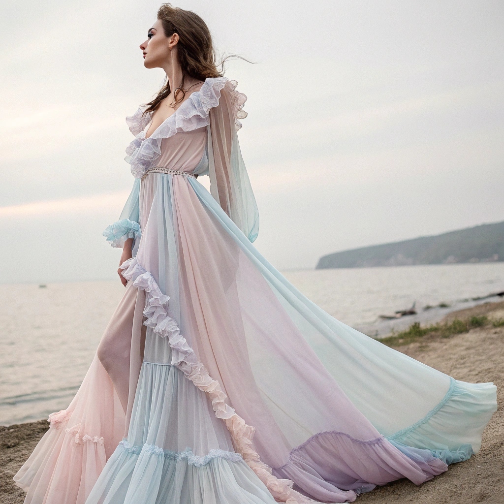 Elegant chiffon gown, pastel gradient, flowing silhouette, ruffle details, ethereal beach setting