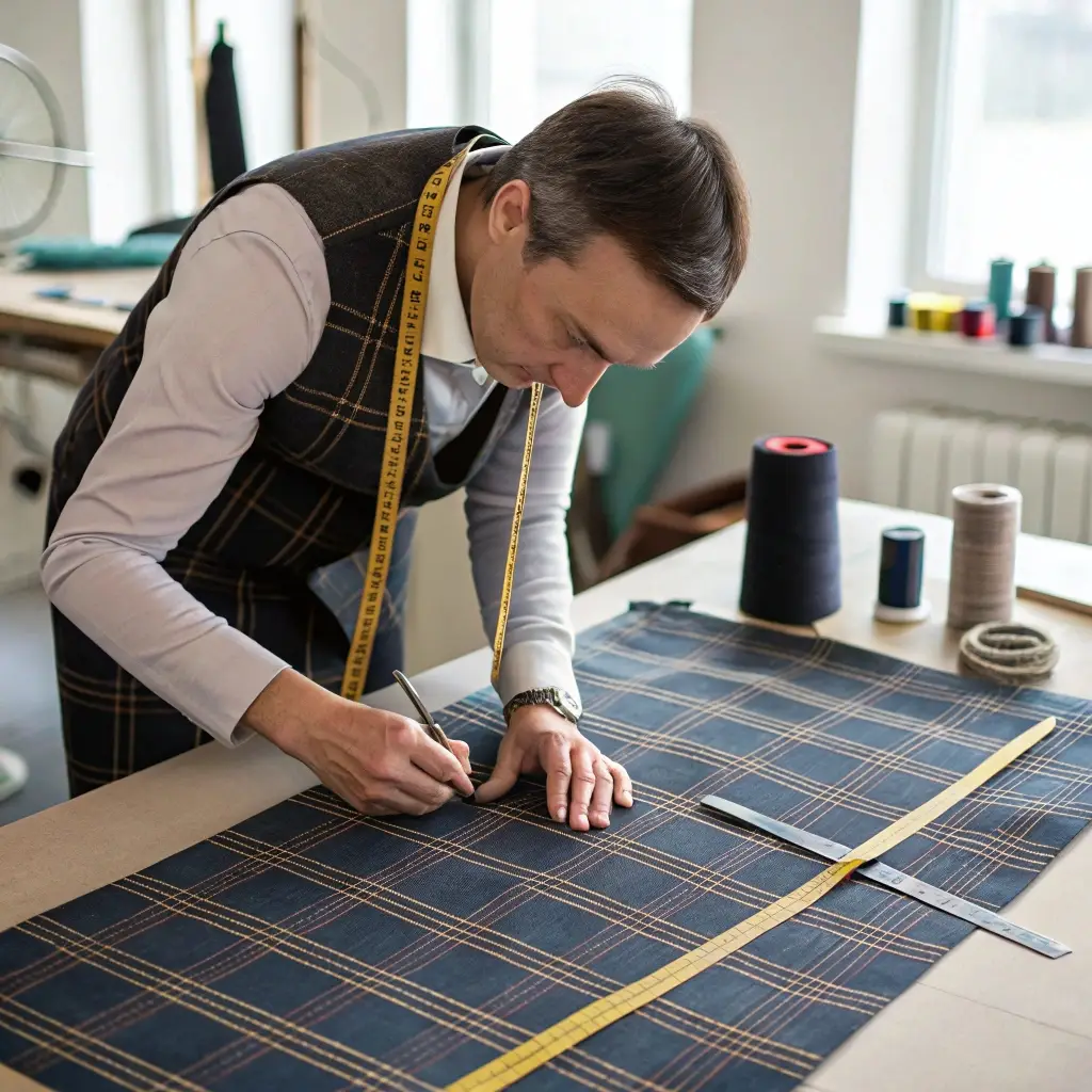 Tailor aligning plaid fabric, precise pattern matching, professional sewing studio, measuring tools