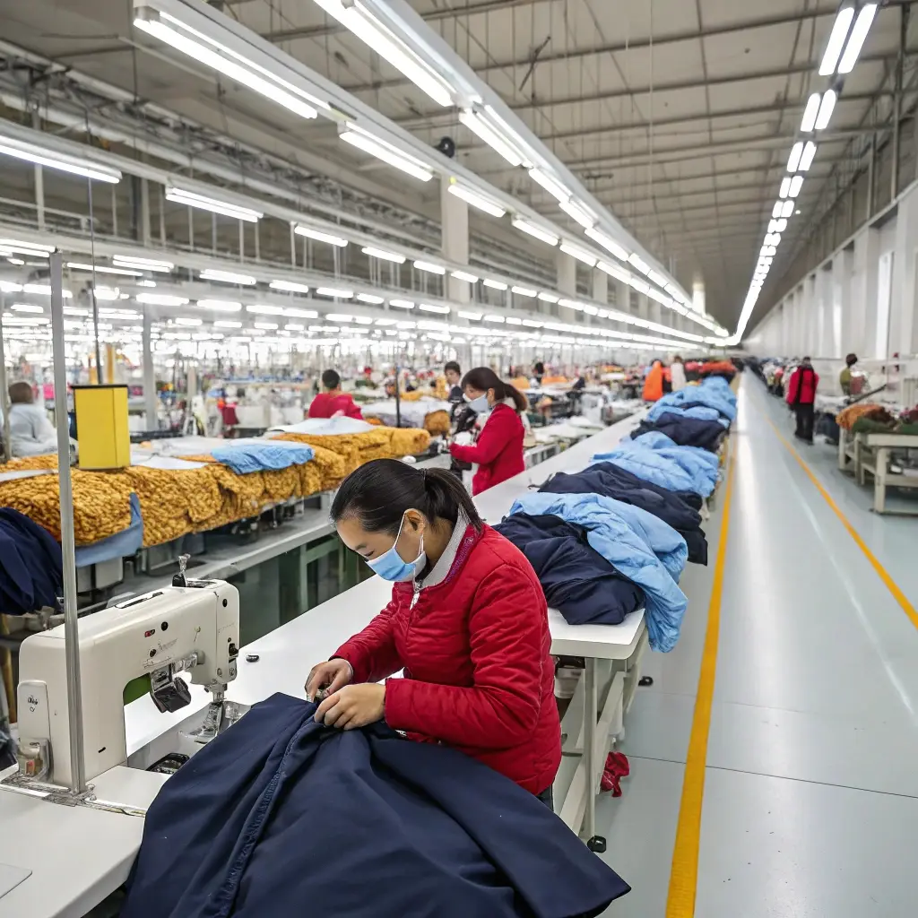 Large clothing factory with workers sewing garments, bright lighting, organized production line