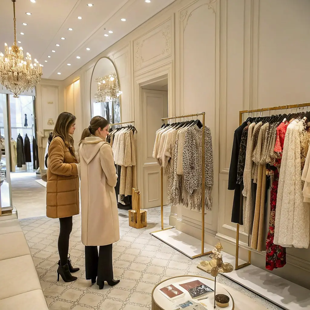 Elegant boutique with stylish clothing racks, chandeliers, and shoppers browsing trendy outfits