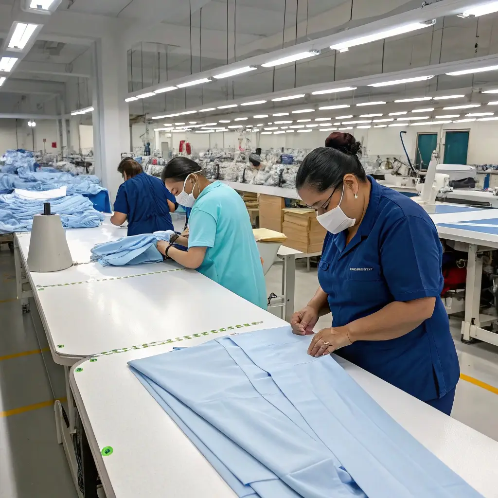 Workers in a garment factory inspecting and sewing blue scrubs, ensuring high-quality production.