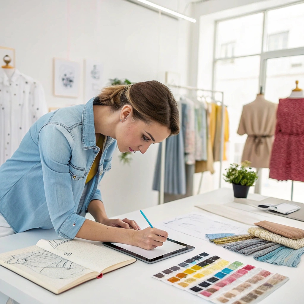 Fashion designer sketching scrub designs on a tablet, surrounded by fabric swatches and color samples.