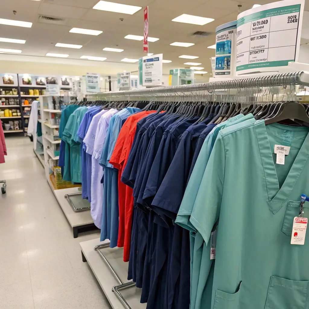 Scrubs displayed on racks in a retail store, showcasing various colors and pricing options.