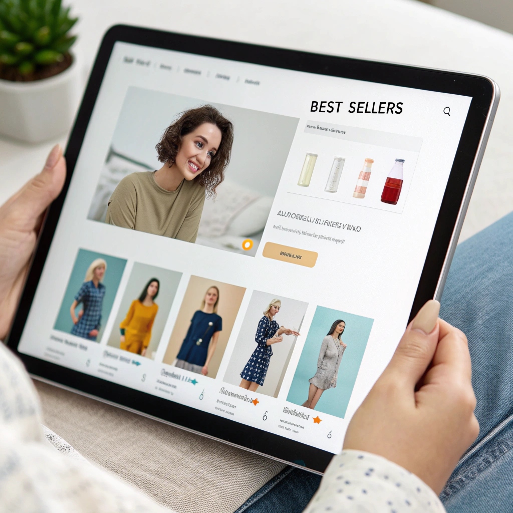 Person browsing an online store on a tablet, showcasing best-selling clothing items.