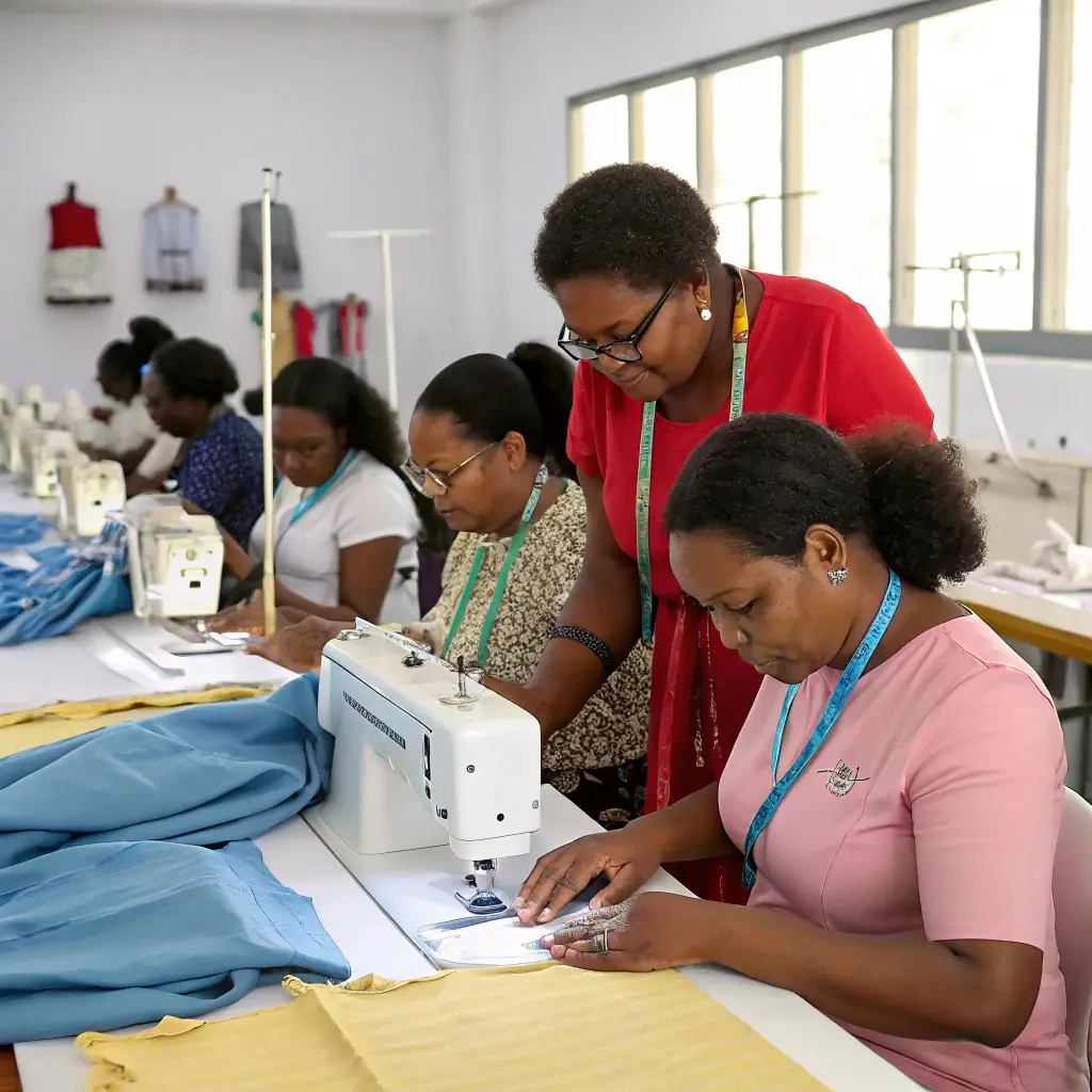 Garment workers receiving hands-on training to improve sewing skills and production efficiency.