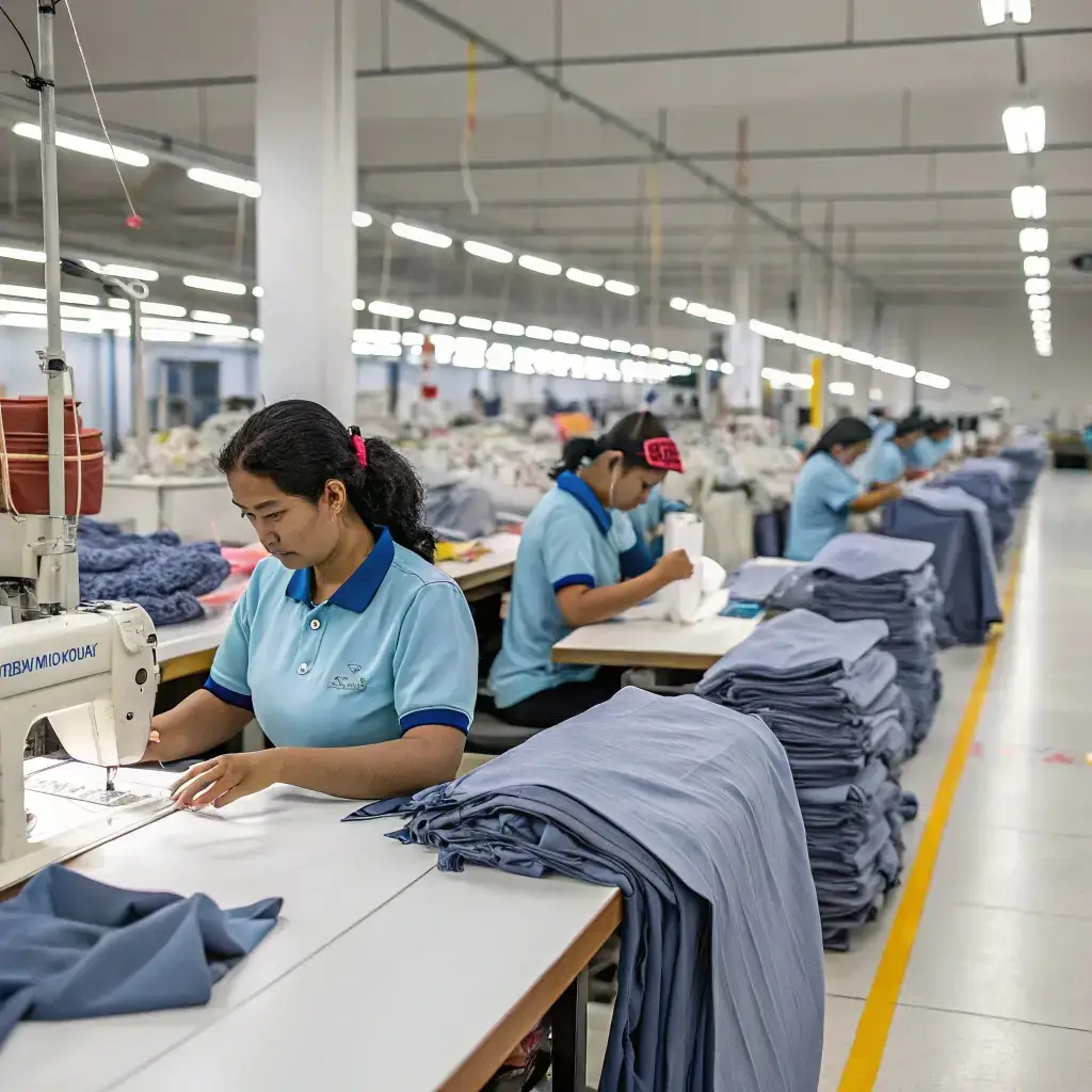 Garment factory with workers efficiently sewing and assembling clothing in an organized production line.