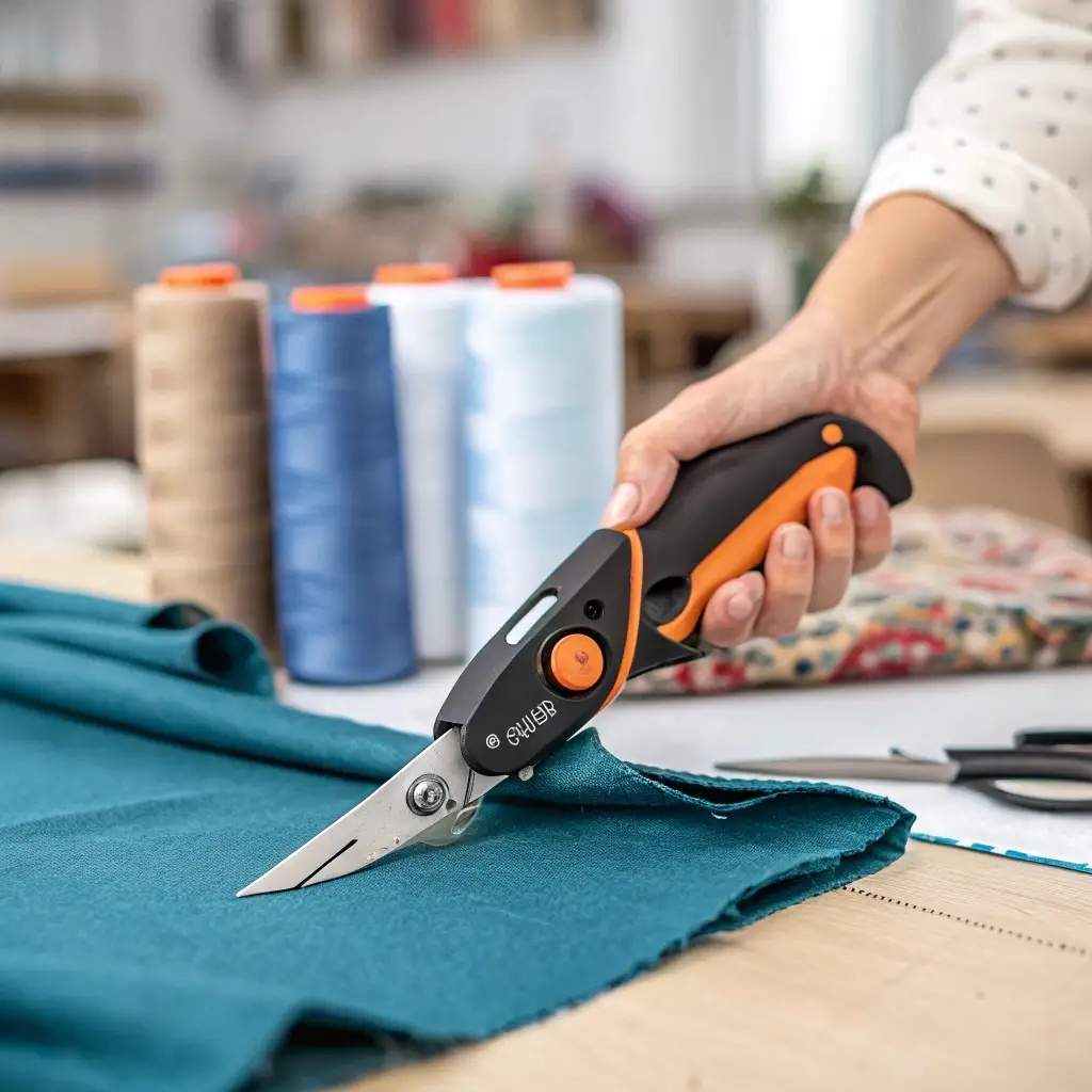 Electric fabric scissors cutting teal fabric, with spools of thread in the background