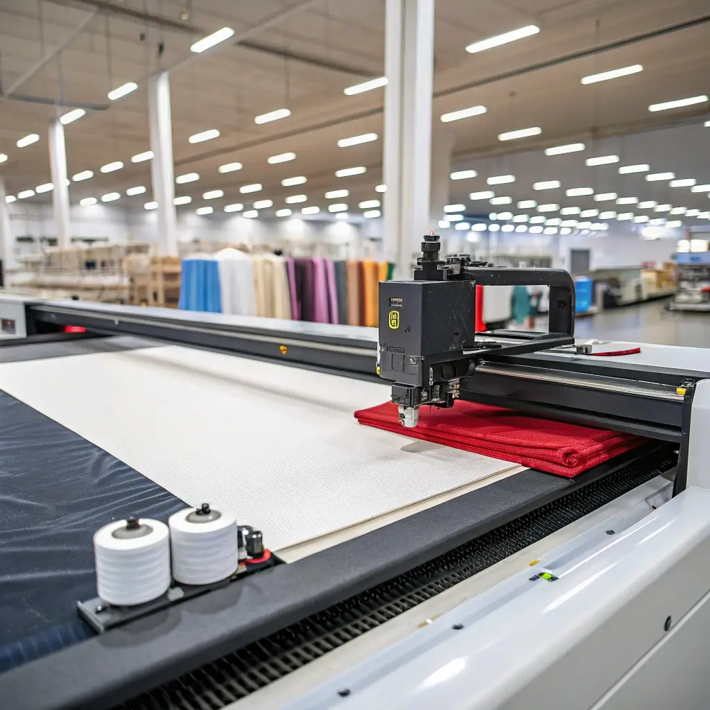 Industrial fabric cutting machine slicing multiple layers of fabric in a well-lit factory