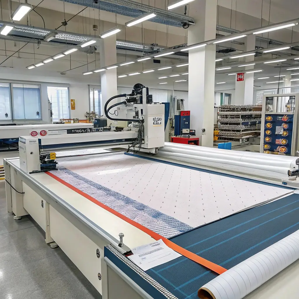 Automated fabric cutting machine processing patterned textile in a modern factory