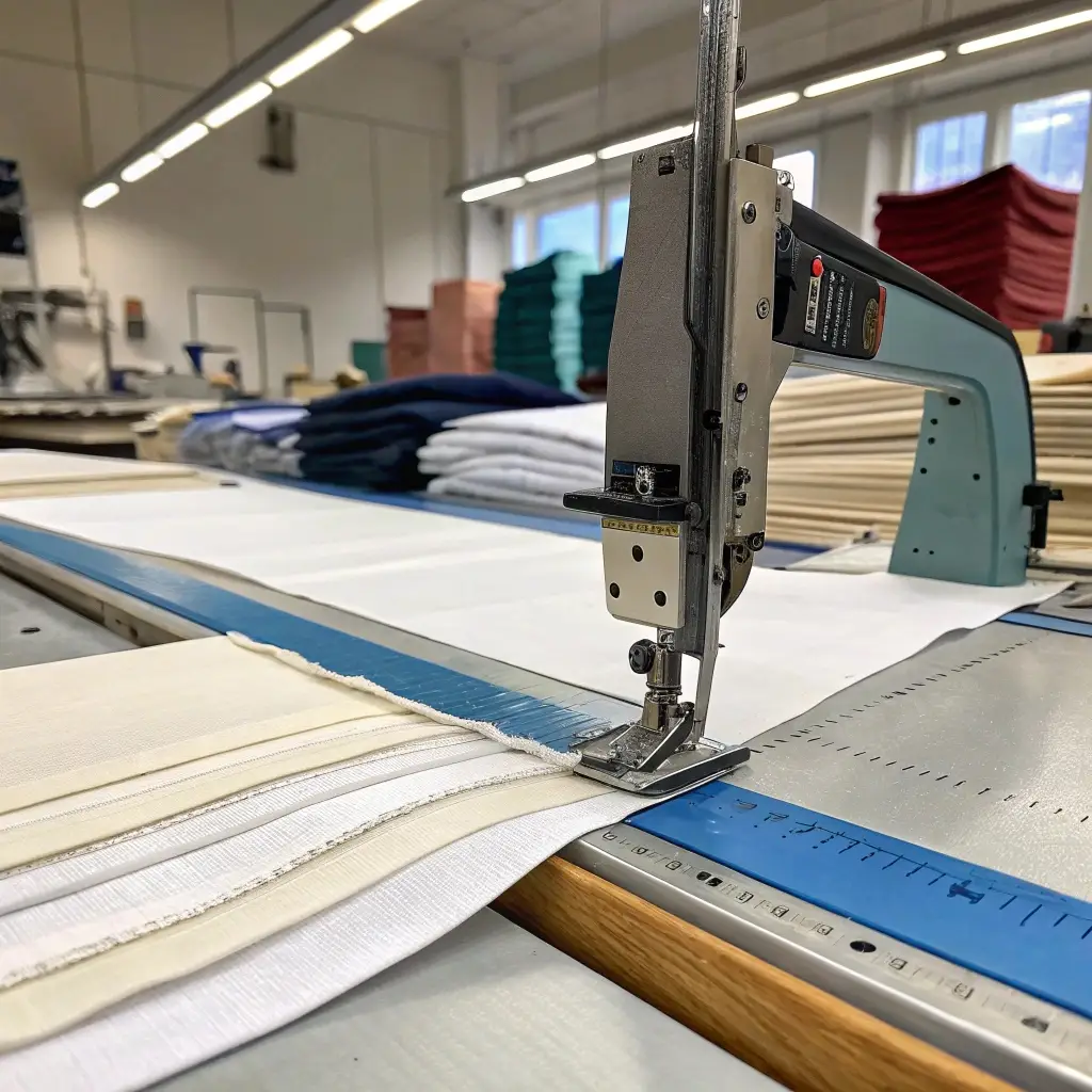 Straight knife fabric cutting machine slicing multiple layers of fabric in a textile factory