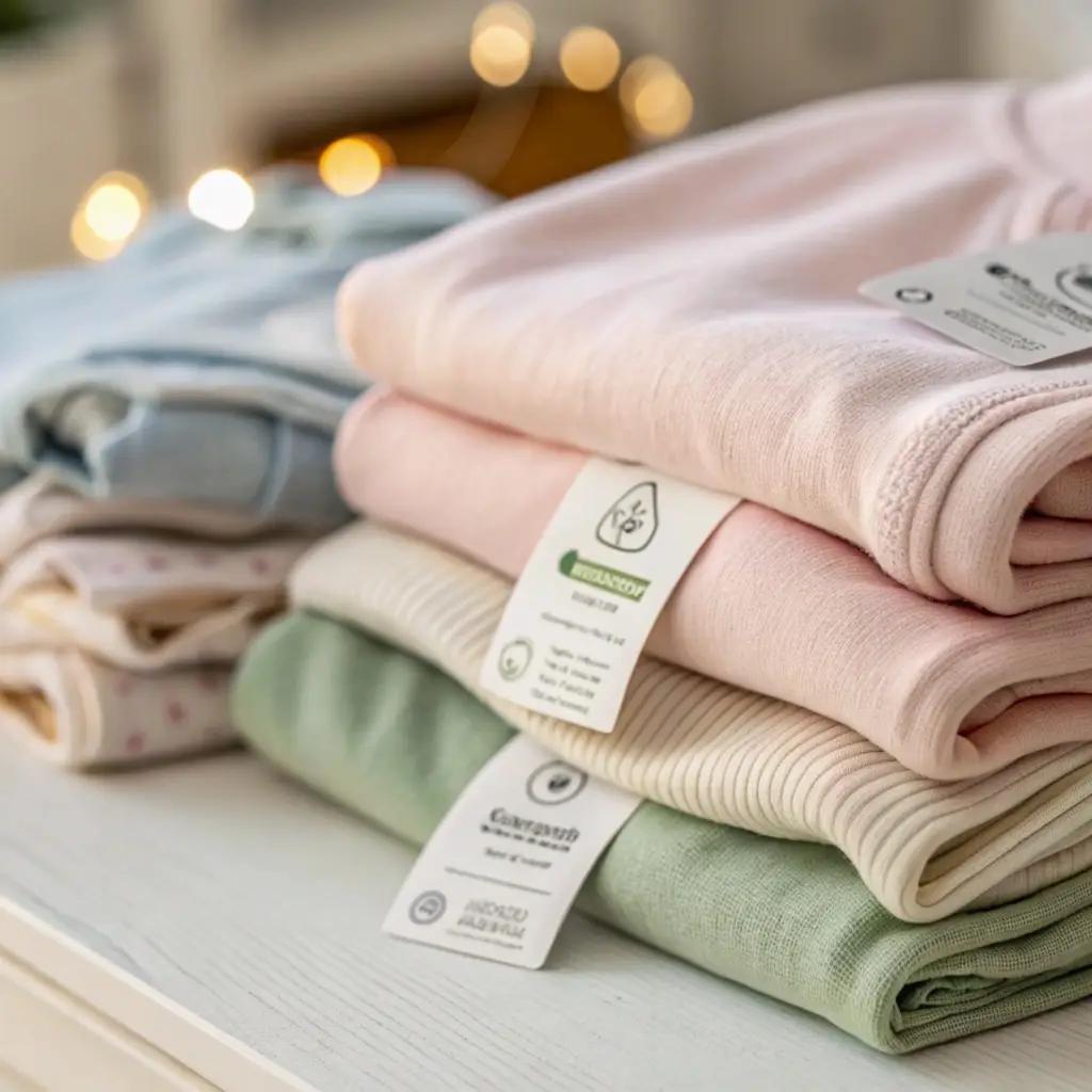 Eco-friendly clothes Stacked pastel-colored garments with eco-friendly tags, folded neatly on a white table.