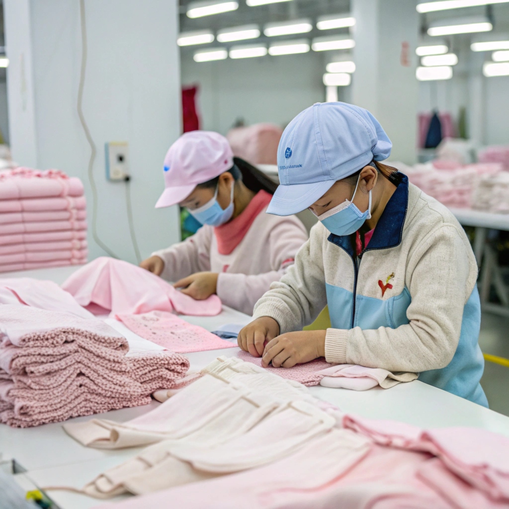 Two factory workers inspecting pink garments, ensuring quality control in the production line.