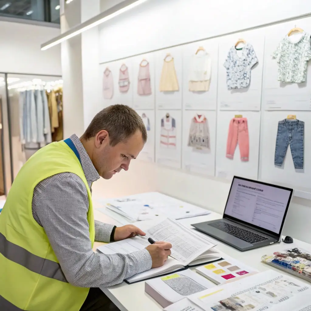 Clothing design review Man reviewing clothing designs and production details in a modern office setting.