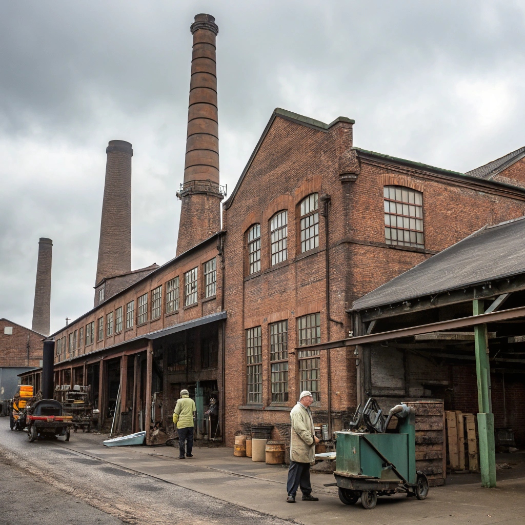 Old brick factory with tall chimneys, industrial workers in coats.