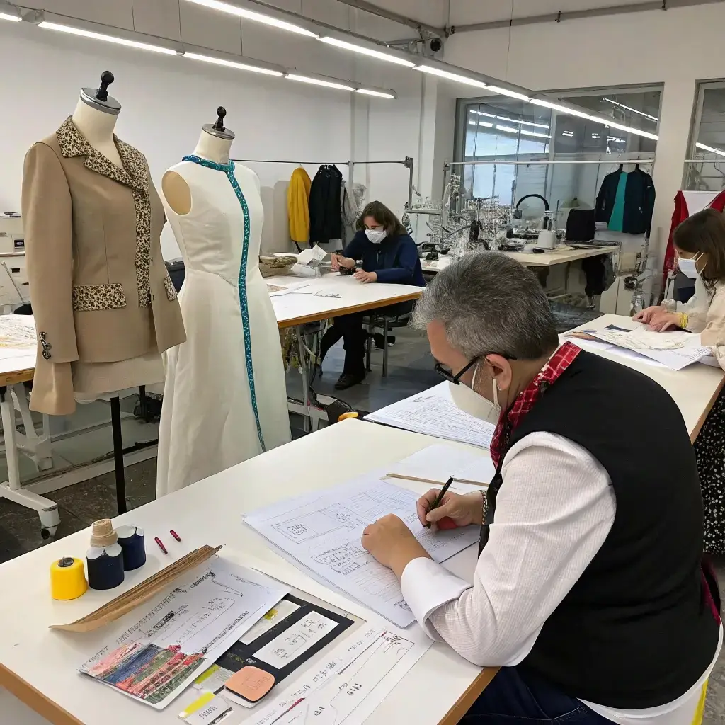 Fashion designers working on sketches in a garment studio with dress mannequins.