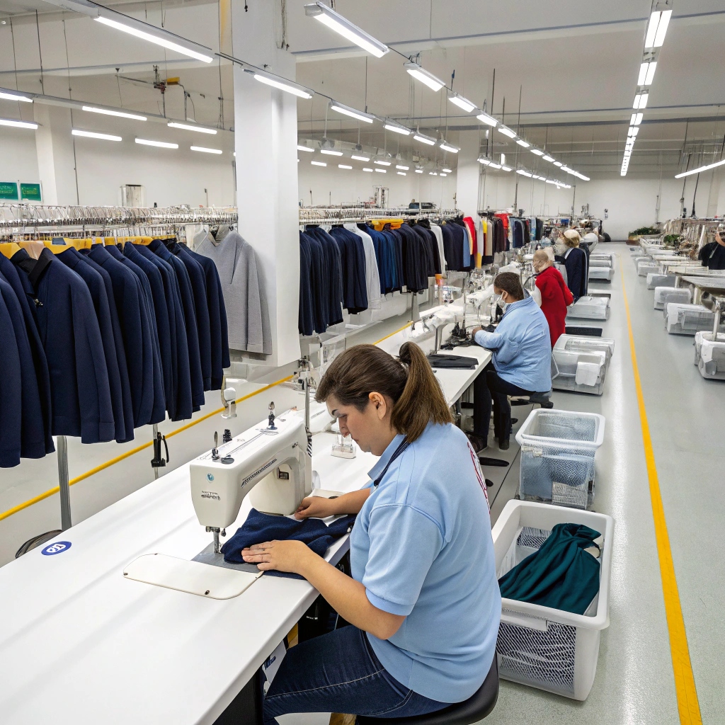 Workers sewing garments in a modern clothing factory with jackets on racks.