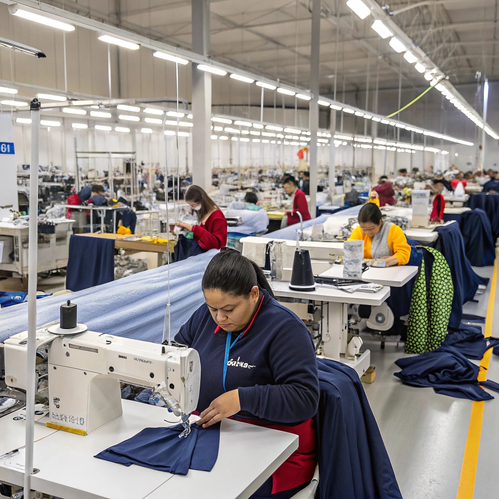 Workers in a large clothing factory sewing garments with fabric rolls.