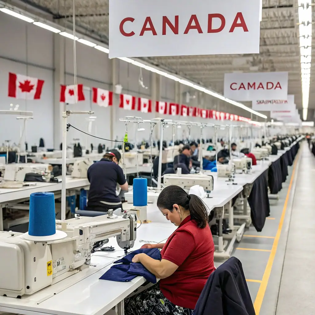 Canadian clothing factory, workers sewing garments in a well-lit facility