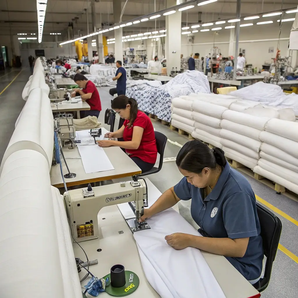 Textile workers sewing garments in a factory, surrounded by fabric rolls