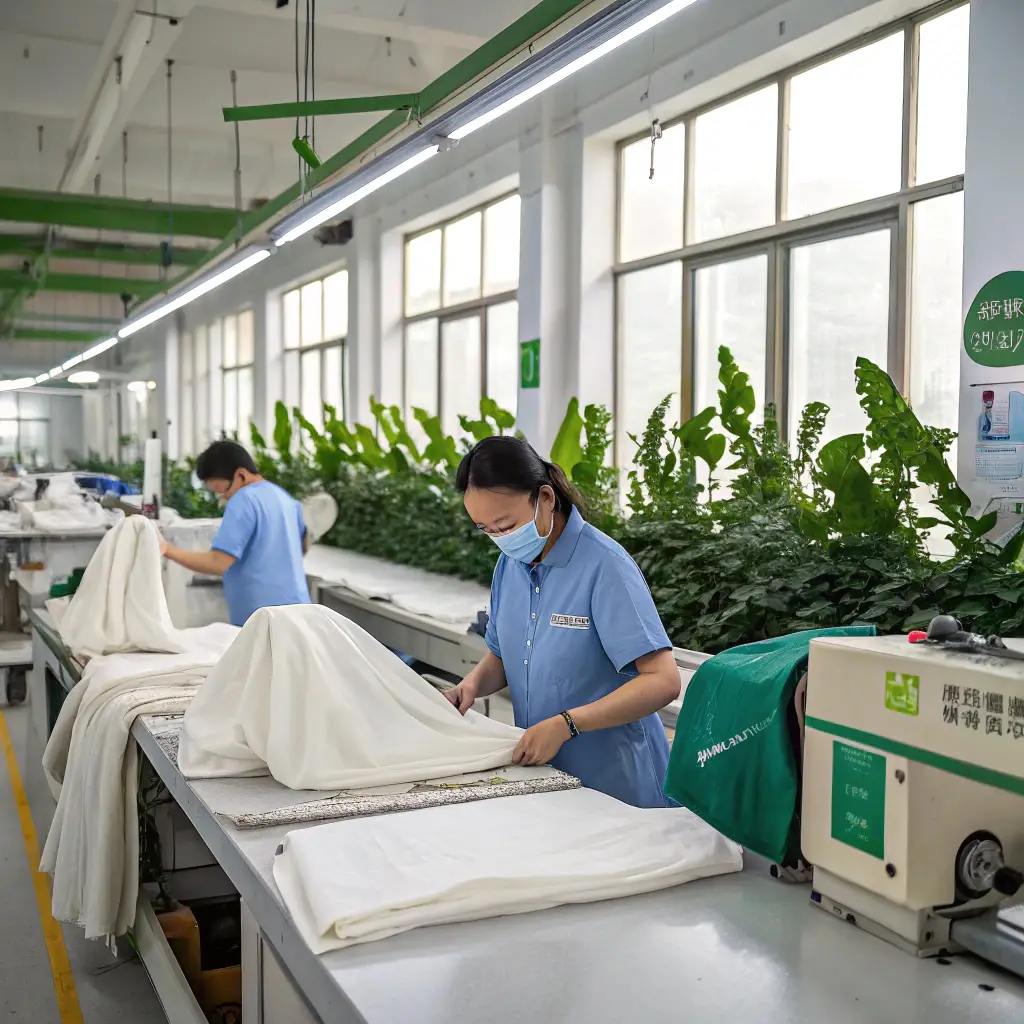 Workers in a sustainable clothing factory, handling fabric in an eco-friendly environment