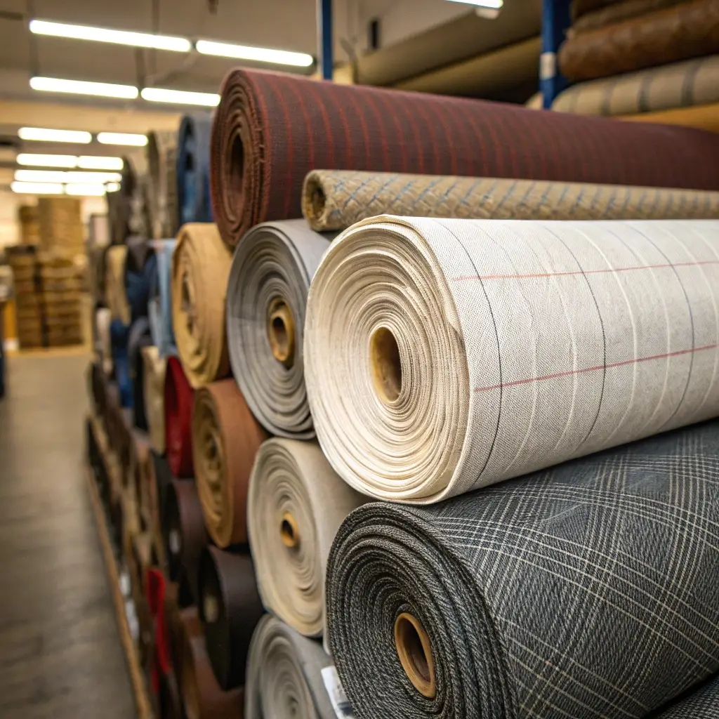 Fabric rolls in a textile warehouse, showcasing various textures and patterns