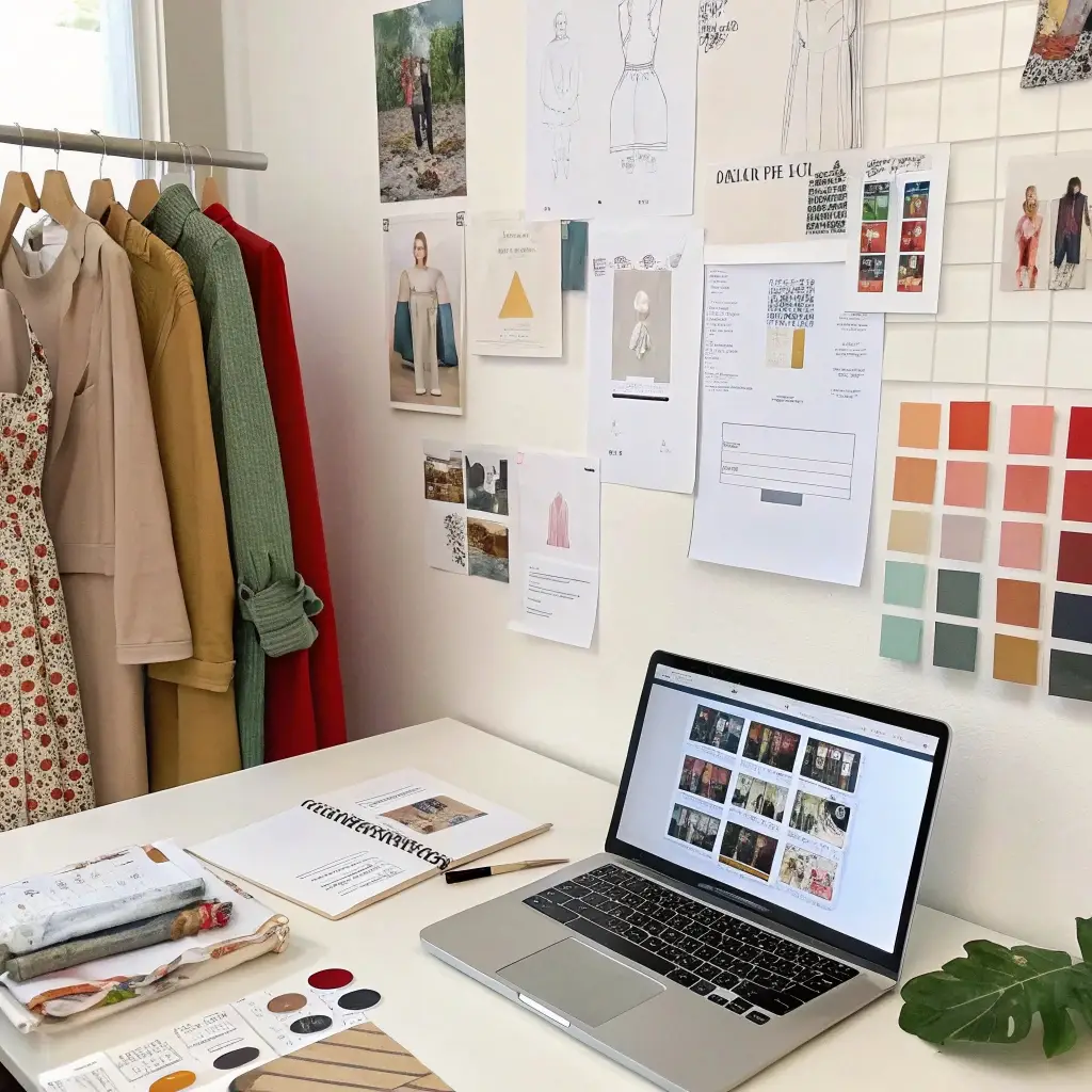 Fashion design workspace with sketches, fabric swatches, and a laptop