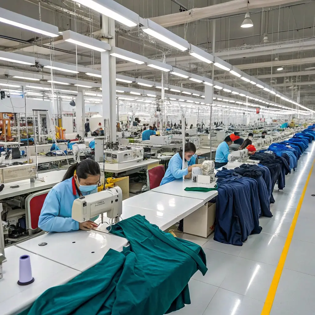 Modern clothing factory with skilled workers sewing garments, bright lighting, and organized production lines