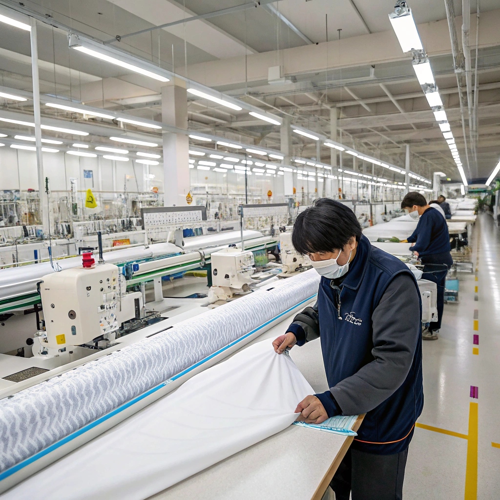 High-tech textile factory with workers inspecting fabric rolls under bright lighting