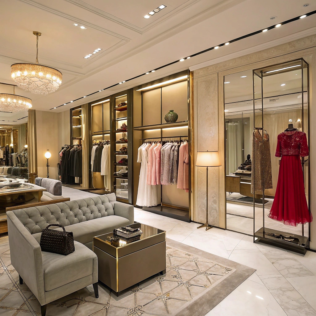 Luxury fashion boutique with elegant dresses, stylish interior, and sophisticated decor