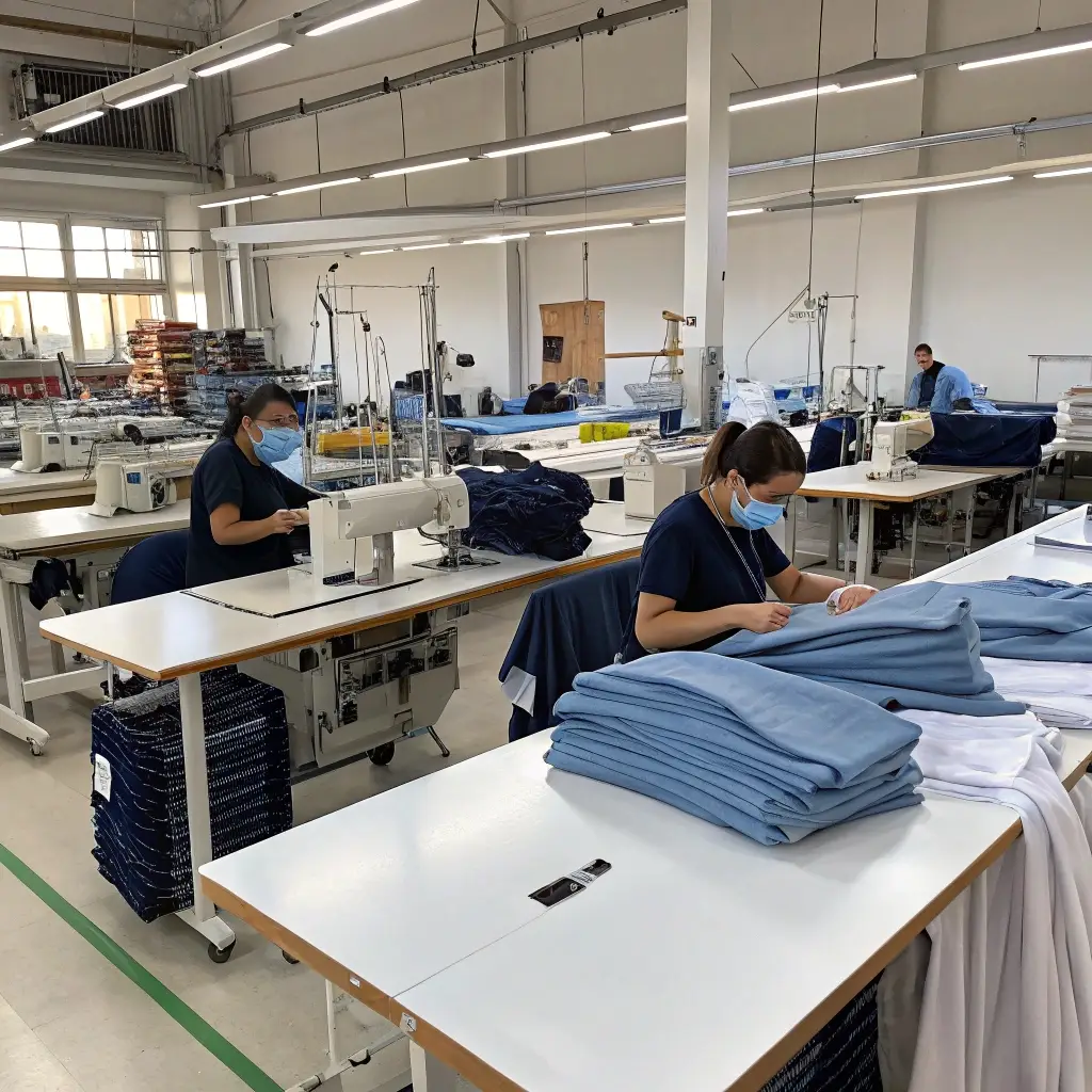 Workers in a clothing factory sewing and inspecting garments