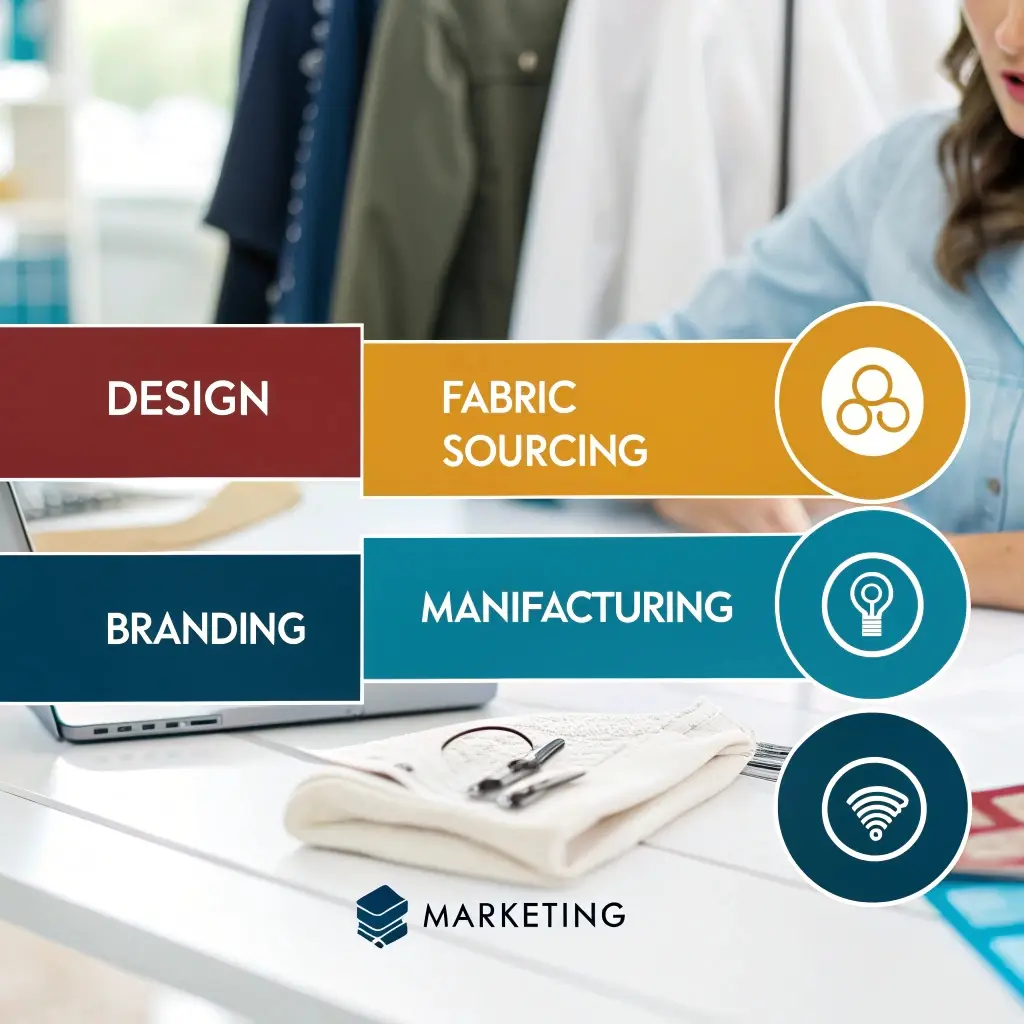 Infographic showing key costs of starting a clothing line: design, fabric sourcing, branding, manufacturing, and marketing