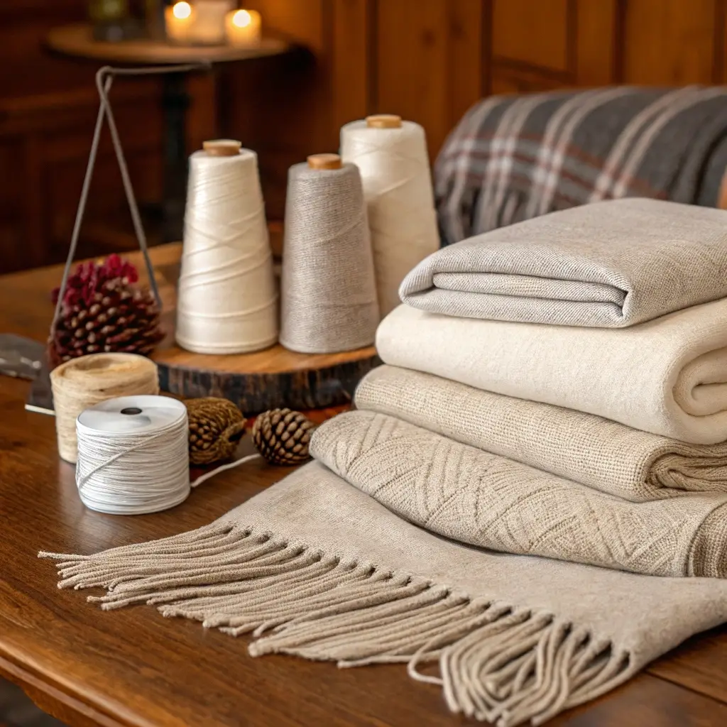 Luxury merino wool and cashmere textiles with yarn spools in a cozy setting
