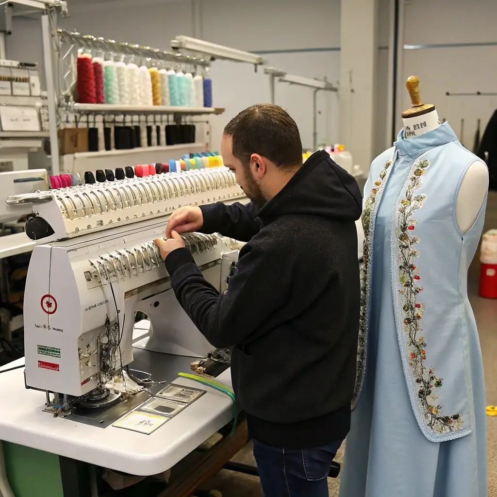 Embroidery machine operator working on custom garment, with a detailed blue dress on a mannequin