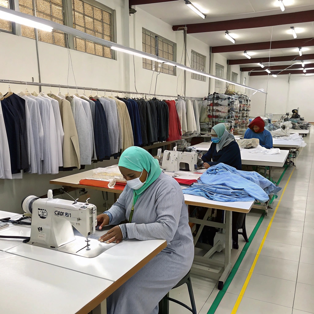 Clothing factory with workers sewing garments, showcasing production quality and efficiency.