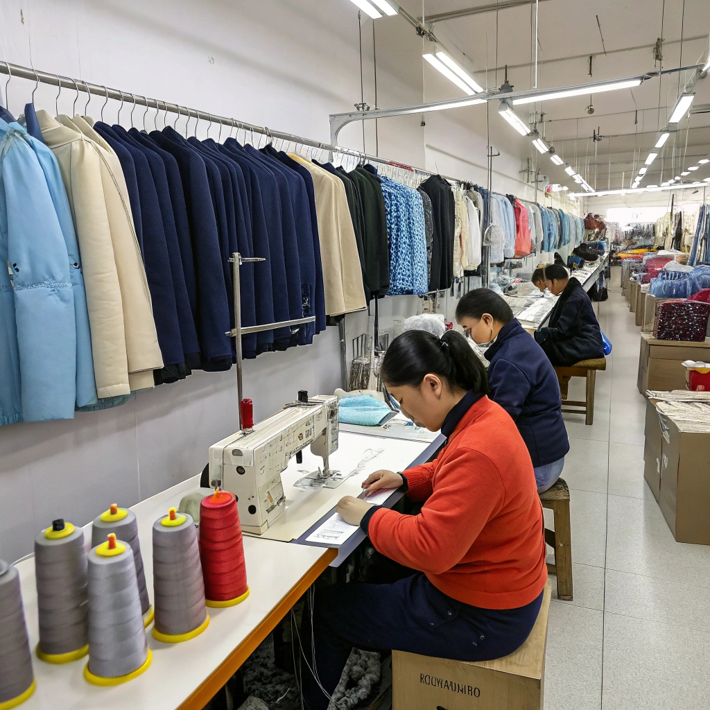 Workers in a clothing factory sewing garments, showcasing efficient production and quality craftsmanship.