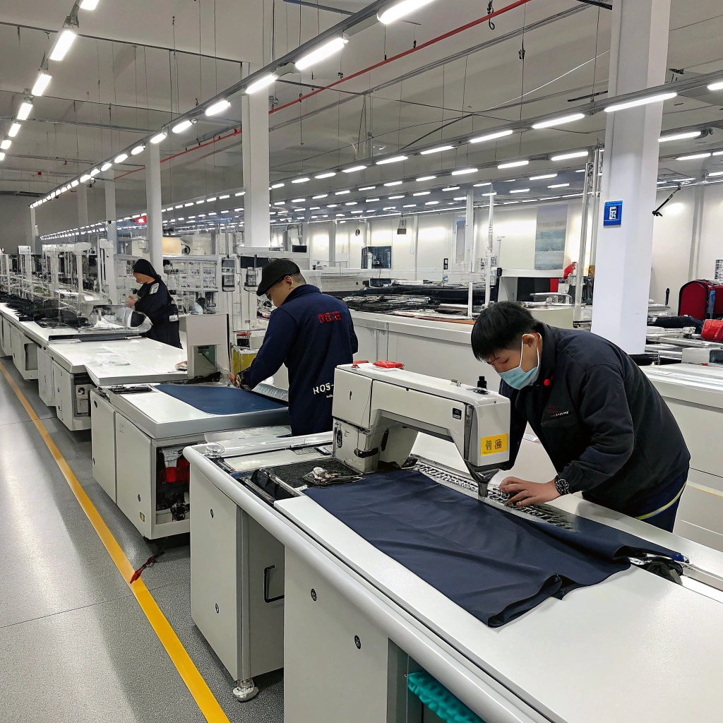 Modern clothing factory with workers using advanced sewing and cutting machines for high-quality garment production.