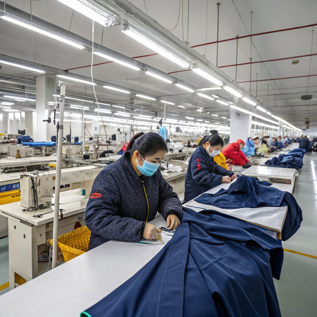 Workers in a large clothing factory engaged in garment cutting and sewing, showcasing efficient apparel production.