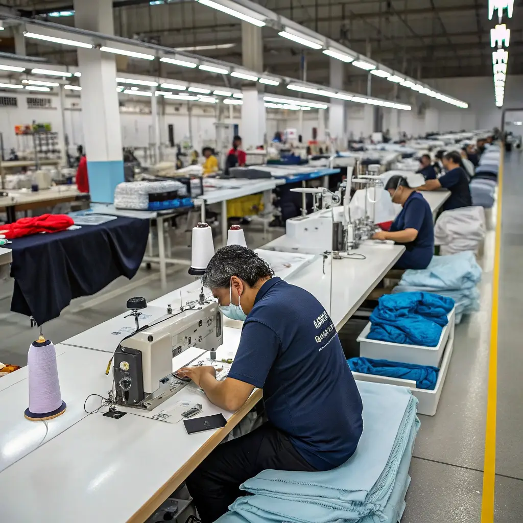 Modern clothing factory with workers sewing garments, showcasing efficient production lines and quality control.