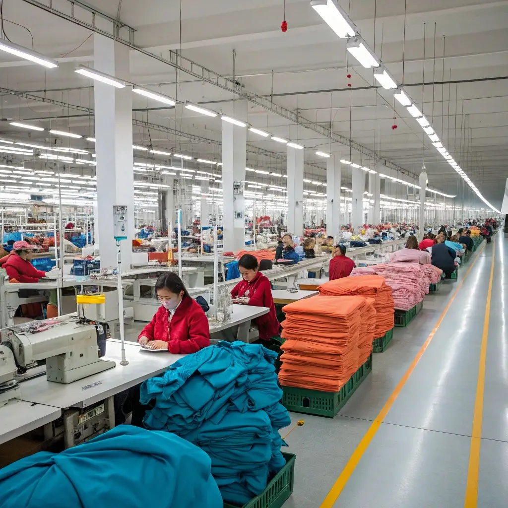 Large-scale clothing factory with workers sewing garments, stacks of fabric, and an organized production line.