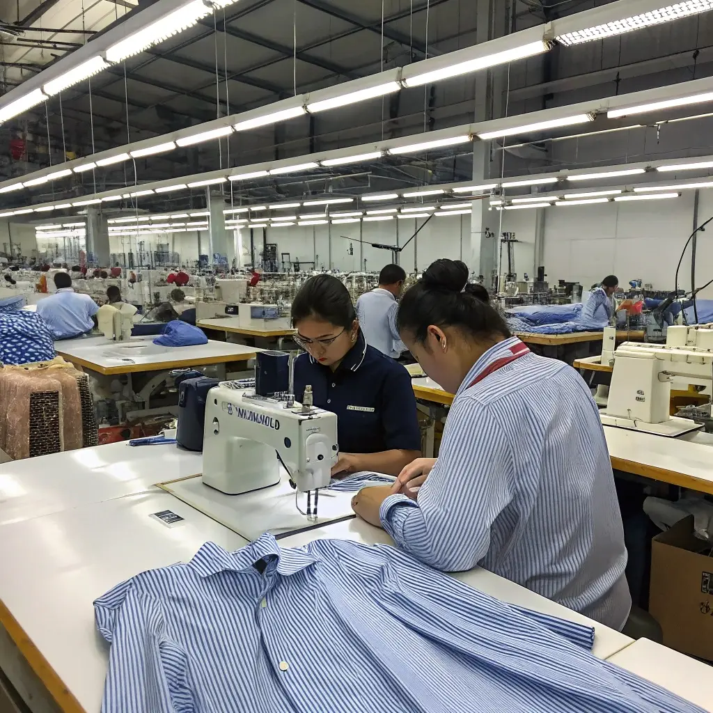 Factory workers sewing and inspecting blue striped shirts in a large-scale clothing manufacturing facility.