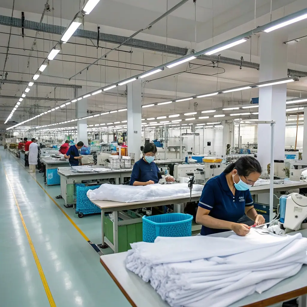 Workers sewing and inspecting garments in a modern clothing factory with bright lighting and organized workstations.