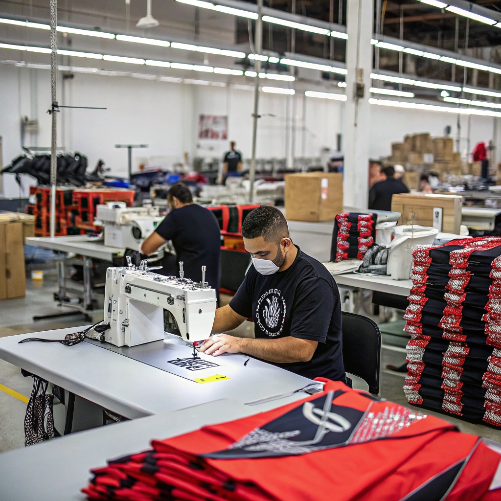 Clothing production line with workers sewing apparel