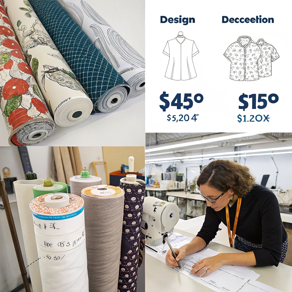 Fabric rolls with price tags and a designer working on garment production