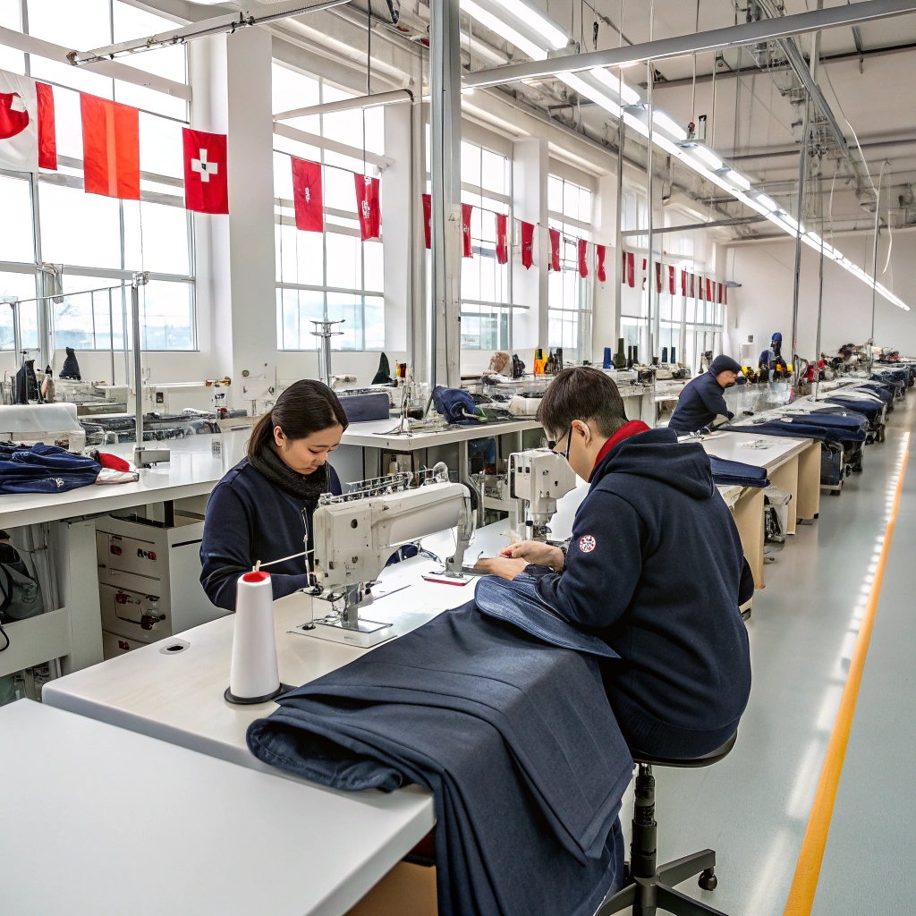 Clothing manufacturing in a factory with workers sewing garments