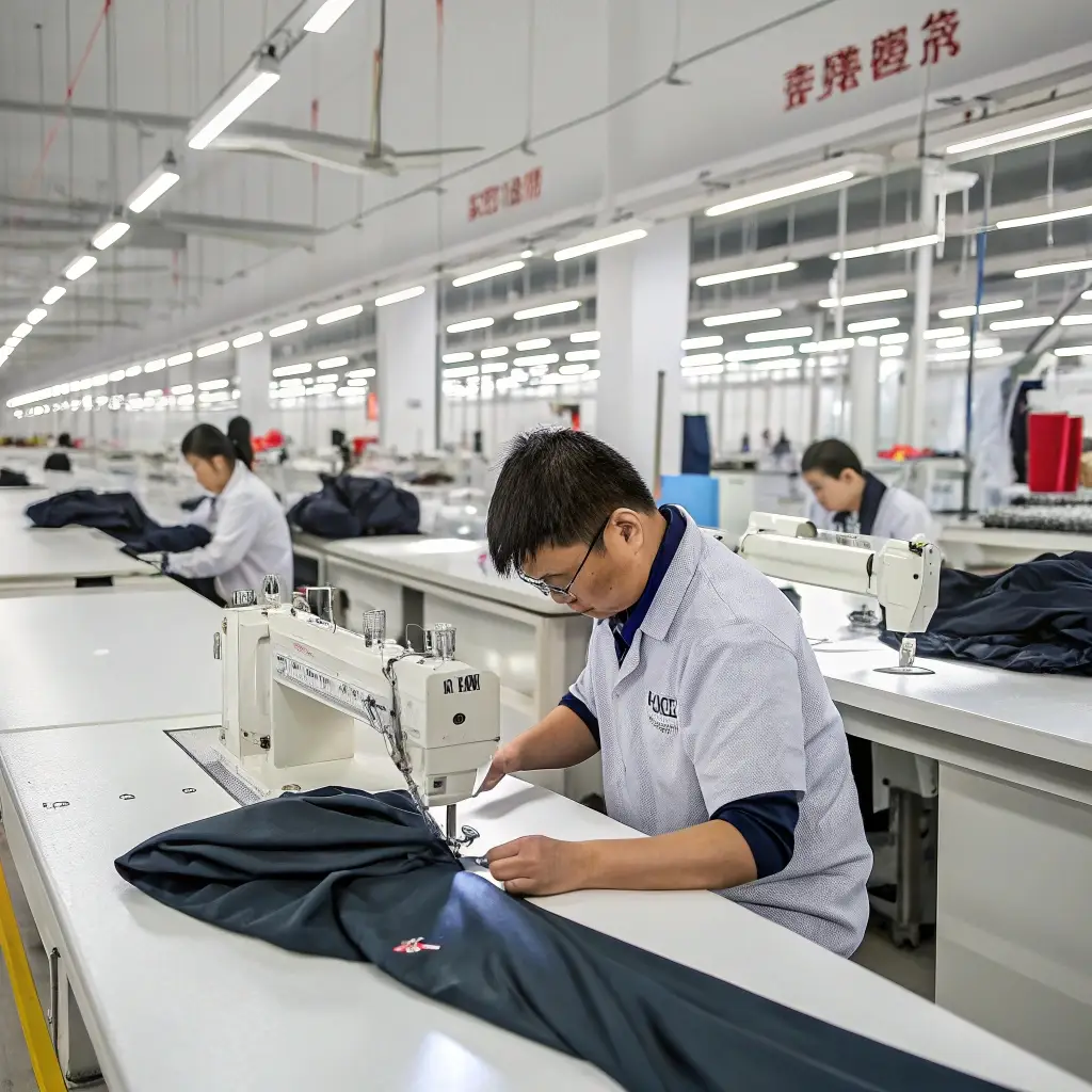 Clothing production, workers sewing garments in a modern factory, focusing on precision and quality