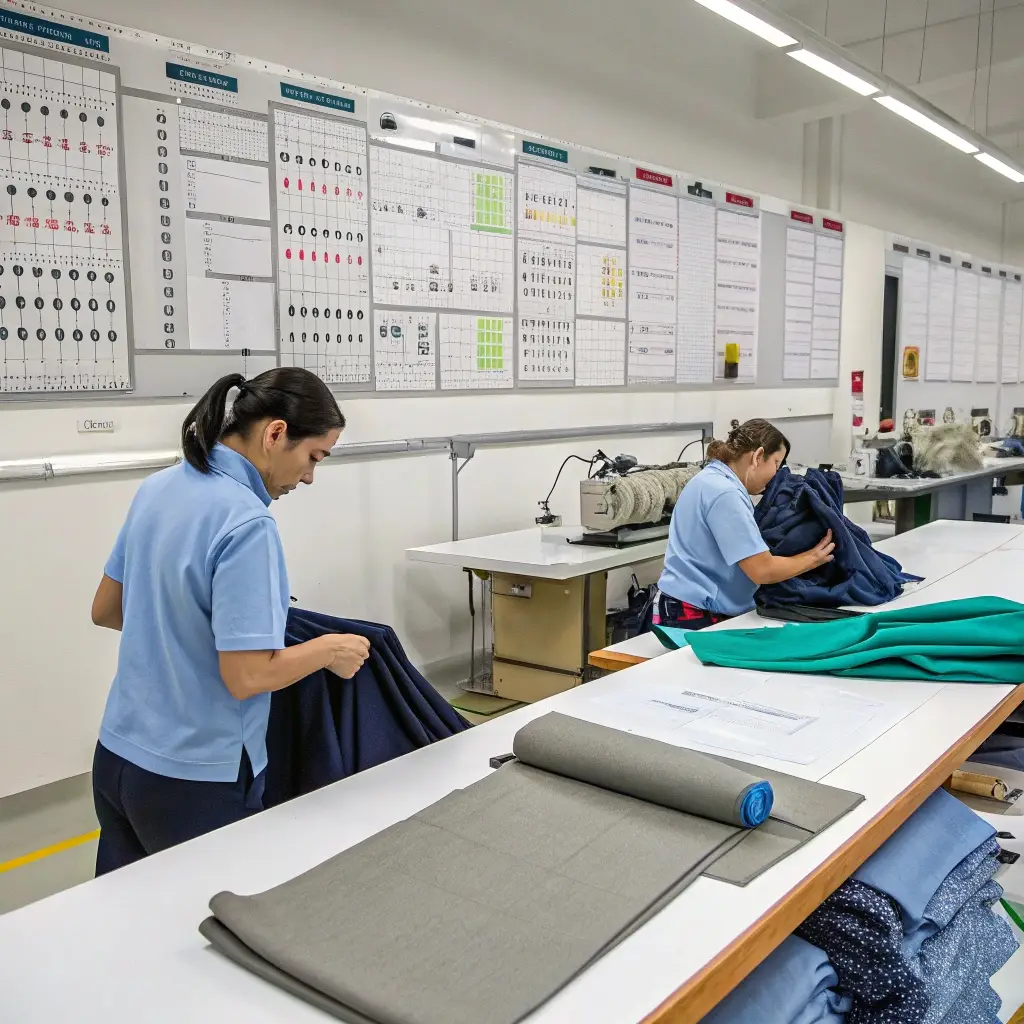 Clothing manufacturing, workers folding and organizing fabrics in a production facility, emphasizing fabric handling